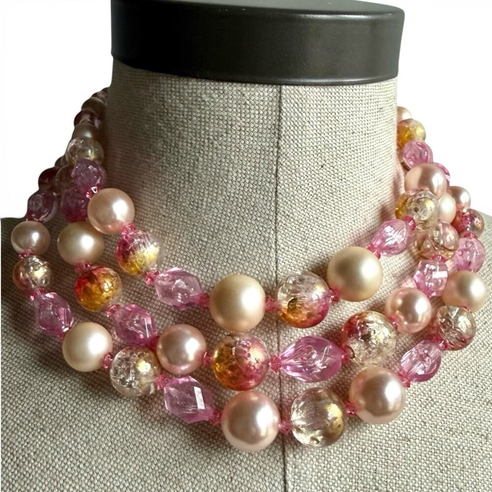 Vintage Coro Pink Faux Pearl Crackle Glass Multi Strand Collar Necklace - Picture 7 of 8